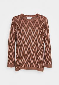 Pitkähihaiset neulepaita, jossa on sahalaitakuvio ruskean ja vaaleanpunaisen sävyissä, pyöreä kaula-aukko ja tekstuuriset kangasakoristeet.