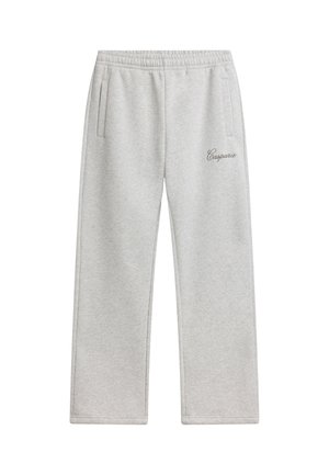 Lysegrå joggingbukser med elastisk linning, to sidelommer og lille script-logo på højre lår.