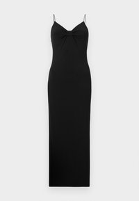 Robe maxi noire sans manches avec fines bretelles spaghetti et détail froncé noué au niveau de la poitrine, présentée sur un fond blanc.