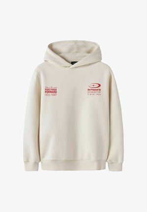 Beige hoodie med röd text på bröstet som säger "Push Things Forward" och "Get Powered Up Momentum Circa 1984," med ribbade ärmslut och nederkant.