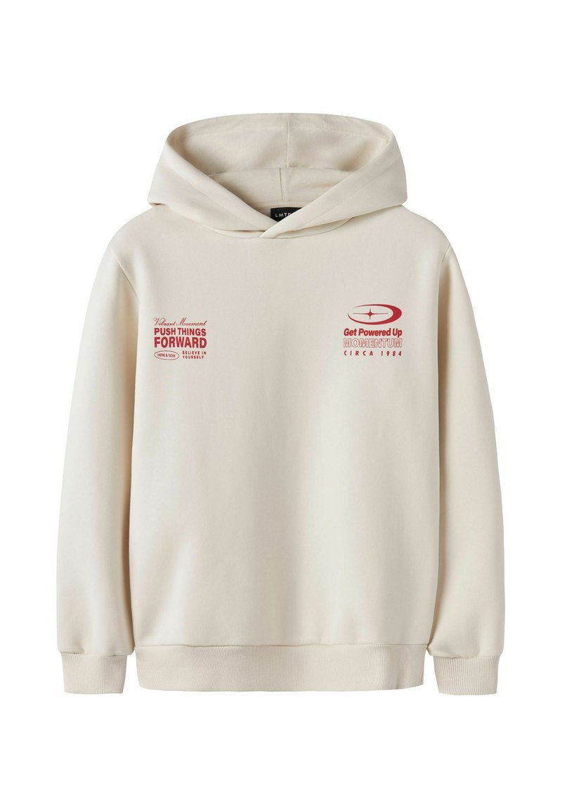 Beige hoodie med röd text på bröstet som säger "Push Things Forward" och "Get Powered Up Momentum Circa 1984," med ribbade ärmslut och nederkant.