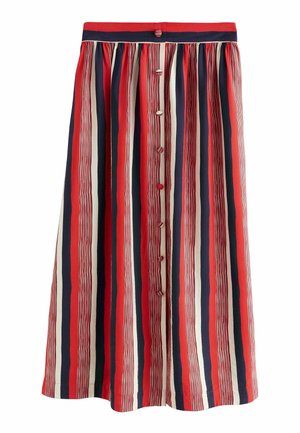 Midirock mit vertikalen roten, marineblauen und cremefarbenen Streifen, mit Knopfleiste vorne und einem Bund in Rot und Marineblau.