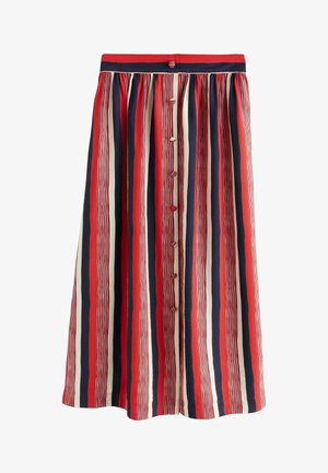 Fustă de lungime medie cu dungi verticale roșii, bleumarin și crem, cu nasturi în față și talie roșie și bleumarin.