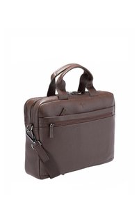 Borsa per laptop in pelle marrone con due manici corti, una tracolla rimovibile, un compartimento principale con cerniera e una tasca esterna con cerniera.