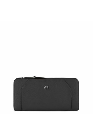 Portafoglio in pelle nera con finitura strutturata, forma rettangolare, chiusura con zip e un dettaglio del logo impresso sul davanti.