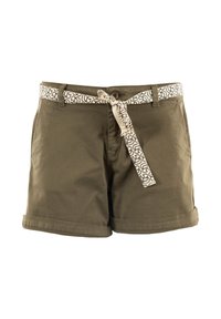 Shorts vert olive avec une ceinture beige à motifs, fermeture à bouton et ourlets retroussés. Fabriqués en tissu en coton pour le confort.