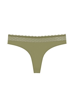 Olive green thong with a smooth texture, featuring a decorative lace trim along the waistband. Minimalist design, no additional patterns.