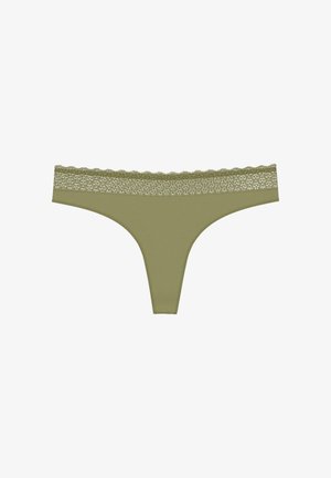 Olive green thong with a smooth texture, featuring a decorative lace trim along the waistband. Minimalist design, no additional patterns.