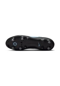 Black soccer boot sole with six removable studs and a prominent blue Nike logo. Textured surface for traction.