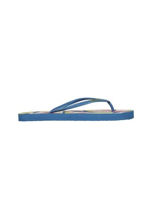 Blue flip-flop with patterned footbed and blue straps, showing side view on a white background.