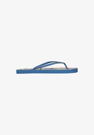 Blue flip-flop with patterned footbed and blue straps, showing side view on a white background.