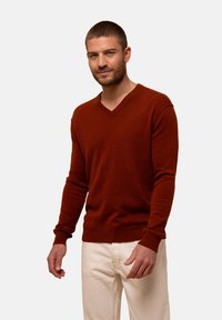 Rostfärgad V-ringad tröja i mjukt, strukturerat stickat. Åtsittande design med ribbade ärmslut och nederkant. Buren över ljusa jeans.