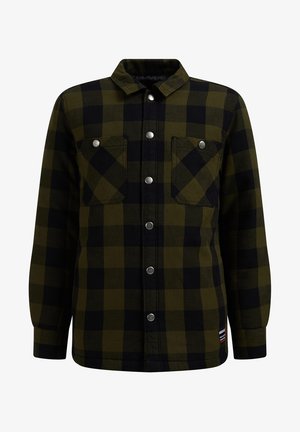 Donkergroen en zwart geruit shirtjack met lange mouwen, knoopsluiting aan de voorkant en twee borstzakken met drukknoopsluiting.