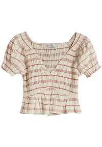 Blusa crema con righe verticali rosse, caratterizzata da maniche a sbuffo corte e un corpetto arricciato, che termina con un orlo arricciato.