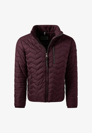 Giacca trapuntata da uomo di colore viola scuro con cuciture a zigzag, chiusura frontale con zip e tasche con zip sul petto e sui fianchi.