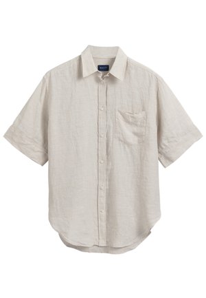 Beige short-sleeve button-up shirt with a collar and a single chest pocket, made of lightweight textured fabric.