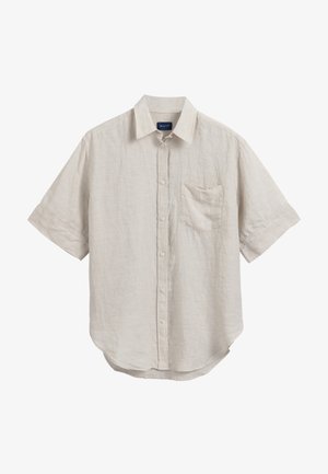 Chemise beige à manches courtes avec boutons, col et une poche poitrine, en tissu léger texturé.