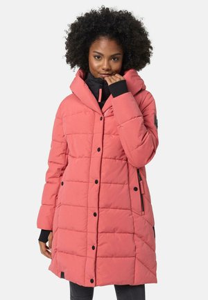 Padded pink coat with a high collar, black accents, front button closure, and side zip pockets, featuring a quilted texture and slightly oversized fit.