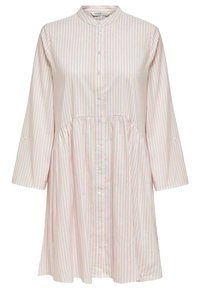 Vestido de manga larga, con botones, en rosa pálido con rayas blancas. Presenta un cuello mandarín y una cintura fruncida para un ajuste relajado.