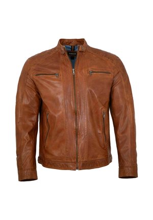 Brown leather jacket with a front zipper, two chest zip pockets, two side zip pockets, and a snap button collar.