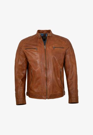 Brown leather jacket with a front zipper, two chest zip pockets, two side zip pockets, and a snap button collar.