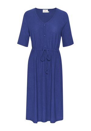 Blue ribbed dress with short sleeves, V-neck, front buttons, and a waist tie for adjusting fit. Soft texture, knee-length design.
