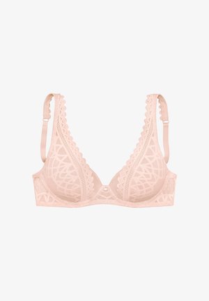 Reggiseno imbottito in pizzo rosa con motivi geometrici, bordi ondulati, spalline regolabili e un accento decorativo centrale.