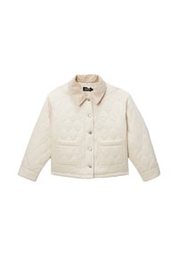 Veste matelassée légère couleur beige clair, dotée d'un col en velours côtelé, de boutons-pression à l'avant et de deux grandes poches. Texture lisse sur l'ensemble.
