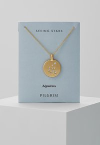 Goldene Anhängerhalskette mit einem Design des Sternzeichens Wassermann, verziert mit klaren Edelsteinen, die an einer zarten Kette hängt.