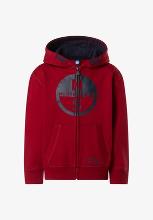 Roter Zip-Hoodie aus Baumwollmischung, mit Kapuze, einem großen runden Logo in Marineblau, Fronttaschen und dem Textdetail "DAS MEER IST MEIN LAND".