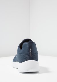 Scarpa sportiva blu navy con tomaia in rete, suola bianca e linguetta. Presenta il logo Skechers sul lato e un design testurizzato sulla tomaia.