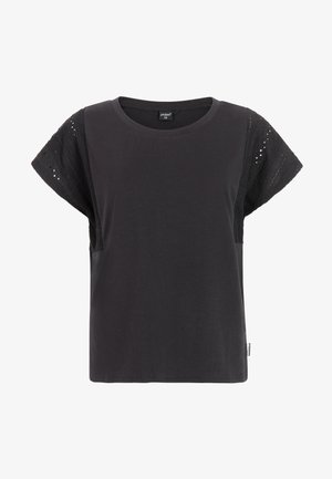 Zwart dames-T-shirt met korte mouwen van kant met oogjes, ronde halslijn en een klein zijlabel, op een witte achtergrond.
