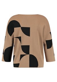 Beige sweater featuring geometric black patterns, including circles and squares. Loose fit with three-quarter sleeves and a round neckline.