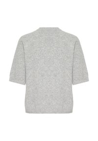 Grijs T-shirt met korte mouwen van zacht gebreid materiaal. Heeft een ronde halslijn en geribbelde boorden. Eenvoudige, gestructureerde afwerking zonder versieringen.
