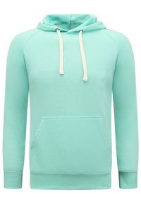 Mintgroene hoodie met een voorzak, contrasterende trekkoorden, ribbelmanchetten en -zoom. Zachte stof met een gladde textuur.