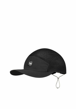 Gorra negra de malla con visera curva, cuerda ajustable para la barbilla y logo de Buff en el panel frontal.