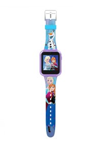 Orologio digitale con schermo quadrato; cassa e cinturino viola con personaggi animati Elsa, Anna e Olaf su uno sfondo blu.