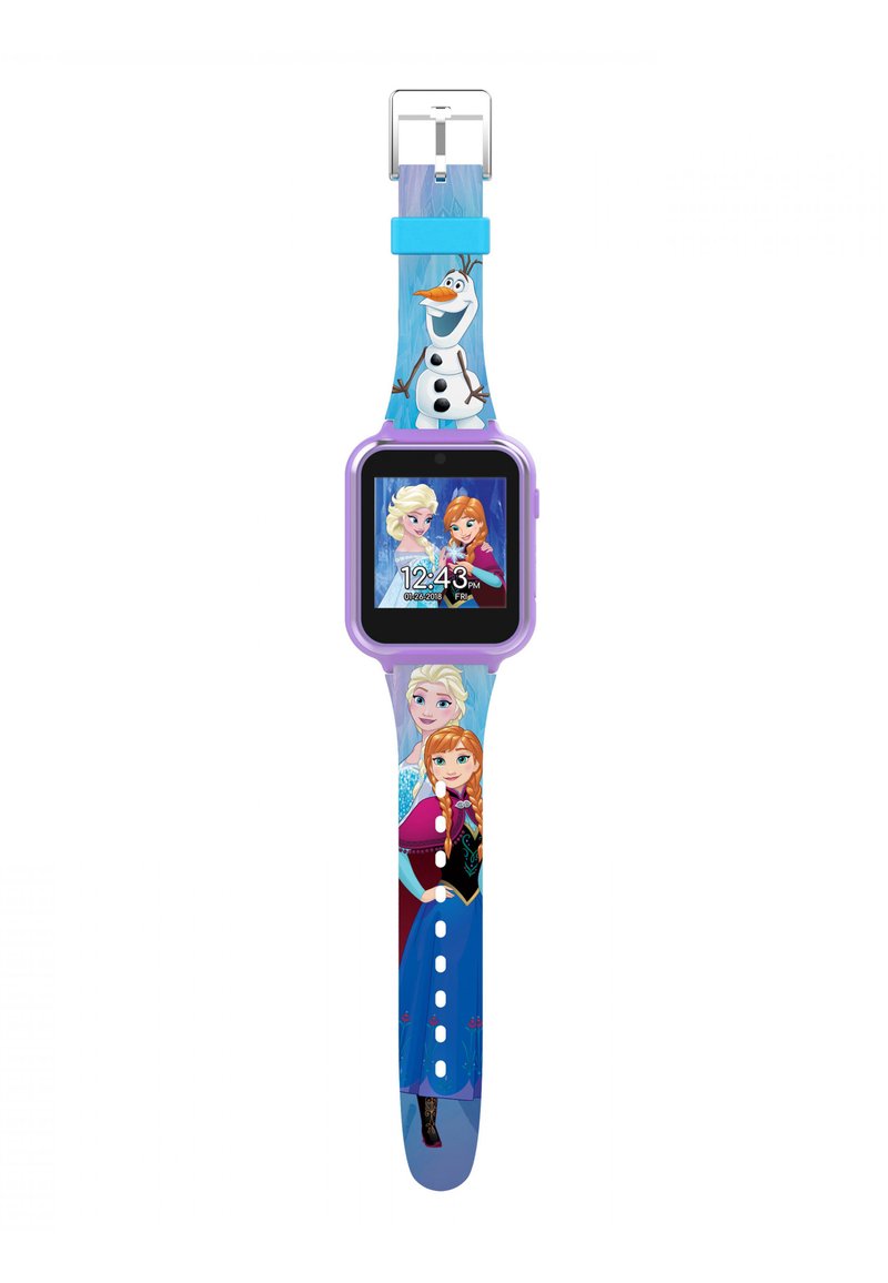 Orologio digitale con schermo quadrato; cassa e cinturino viola con personaggi animati Elsa, Anna e Olaf su uno sfondo blu.