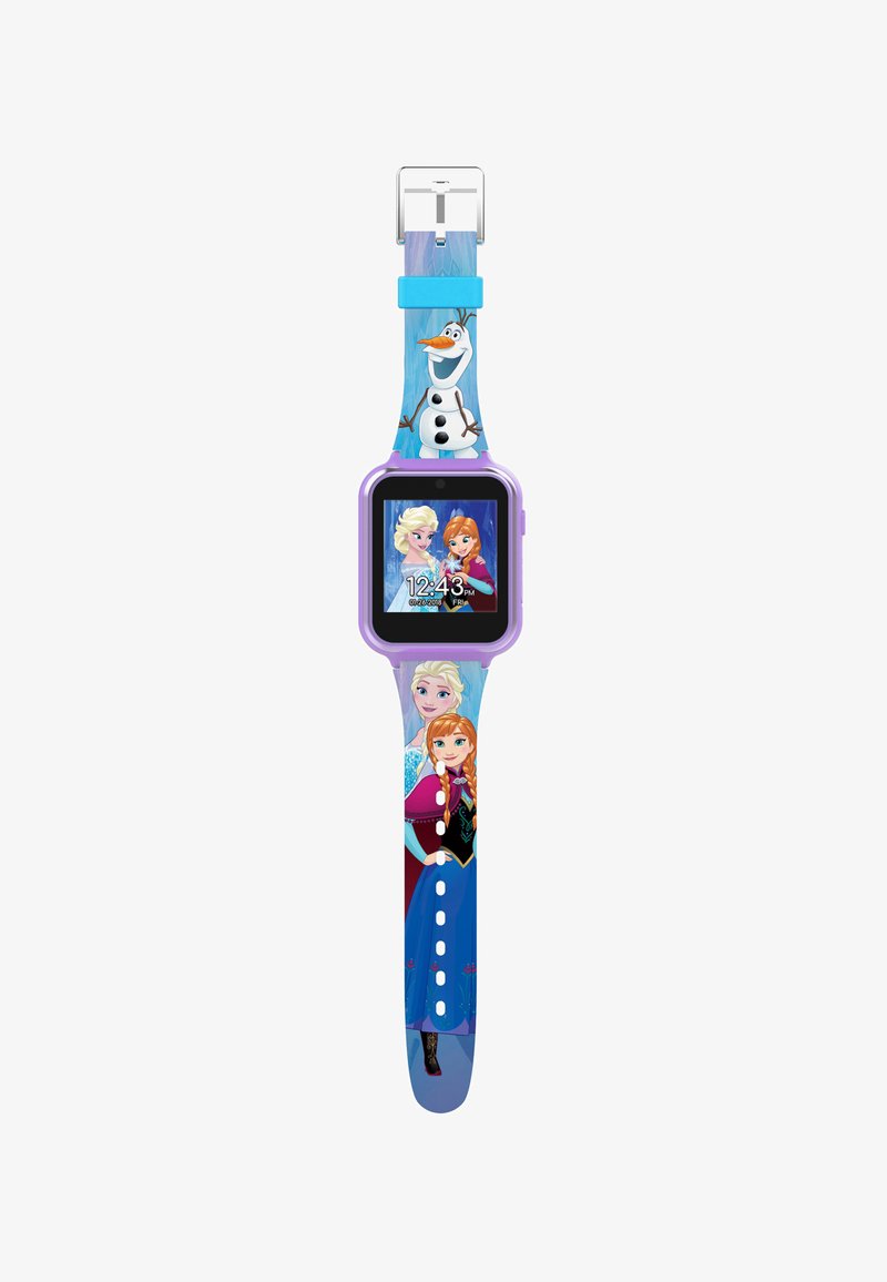 Montre numérique avec un écran carré ; boîtier et bracelet violets ornés de personnages animés Elsa, Anna et Olaf sur un fond bleu.