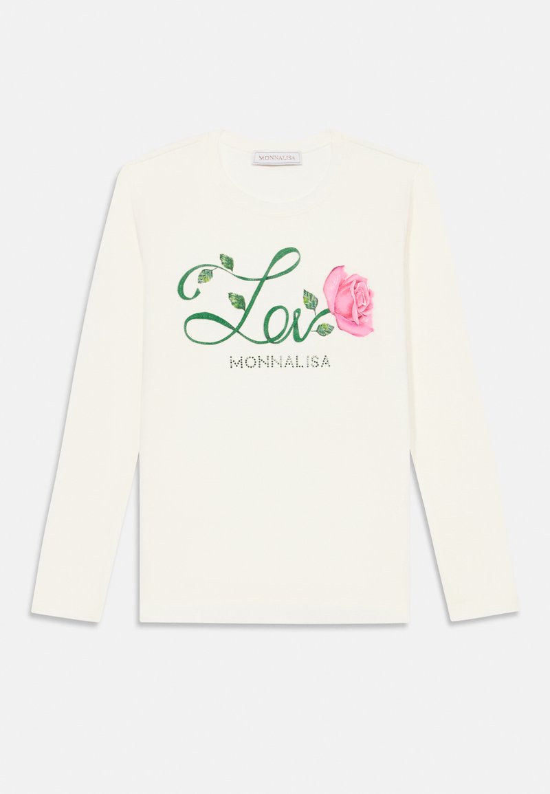 Hosszú ujjú fehér pamut ing zöld, írásos "Lé" felirattal és rózsaszín rózsa mintával, apró kristály díszítésekkel.