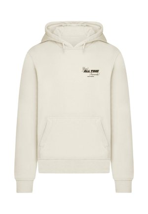 Cremefarvet hoodie lavet af blødt stof, med en frontkangaroo-lomme, snøre-hætte og trykt tekstdesign på brystet.