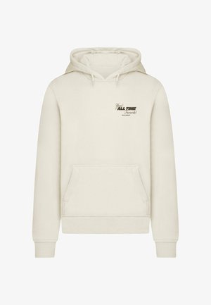 Crèmekleurige hoodie van zachte stof, met een voorzak in kangoeroestijl, een capuchon met trekkoord en een gedrukt tekstontwerp op de borst.