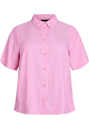 Svijetloroza košulja kratkih rukava s kopčanjem na gumbe i klasičnim ovratnikom, izrađena od teksturiranog materijala, prikazana na bijeloj pozadini.