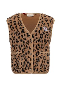 Tan fleece vest met zwart luipaardprint, V-hals ontwerp, contrasterende beige bies en twee voorzakken. Bevat een logopatch.