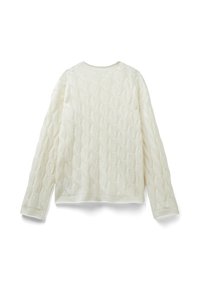 Světle krémový pletený svetr s texturovaným kabelovým vzorem, kulatým výstřihem a dlouhými rukávy s žebrovanými manžetami.