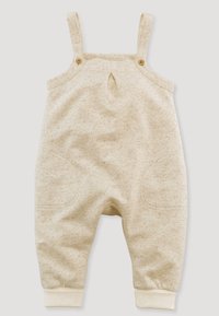 Ljust beiga byxor har justerbara remmar, knappar och tapered mudd. Tillverkade av mjukt, strukturerat tyg med runda fickor.