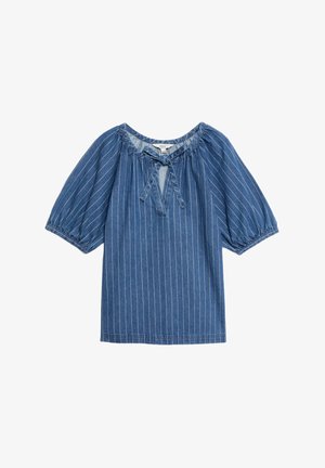 Top in denim con maniche corte a sbuffo, blu con strisce verticali bianche, scollatura arricciata e dettaglio con fiocco nella parte anteriore.