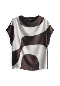 Top corto in seta a maniche corte con un motivo astratto ondulato in marrone scuro e crema, con una vestibilità morbida e scollo rotondo.