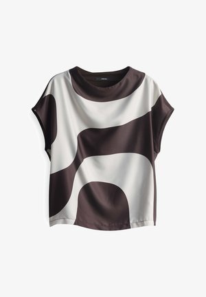 Top corto in seta a maniche corte con un motivo astratto ondulato in marrone scuro e crema, con una vestibilità morbida e scollo rotondo.