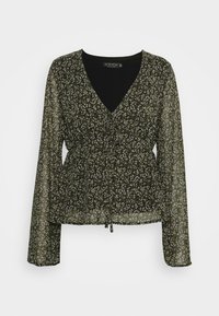 Blusa preta floral de mangas longas, decote em V profundo e cintura franzida. Tecido leve e transparente com pequenas flores brancas e amarelas.